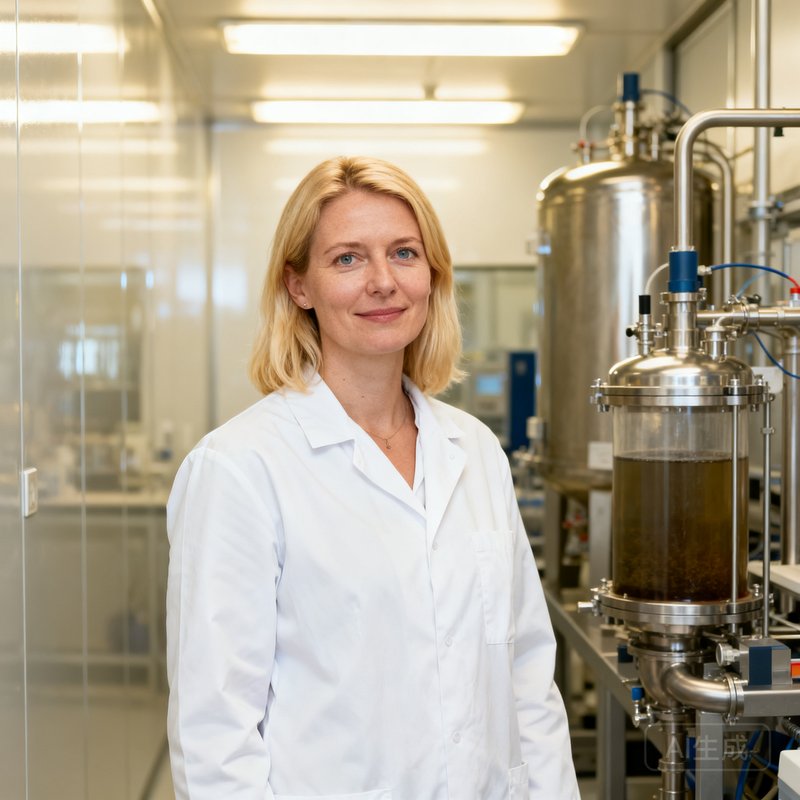 美高梅集团首席科学家Elena Voss博士的学术风格肖像，她是一位金发碧眼的欧洲女性科学家，穿着白色实验服站在实验室电解槽设备旁，背景是洁净车间