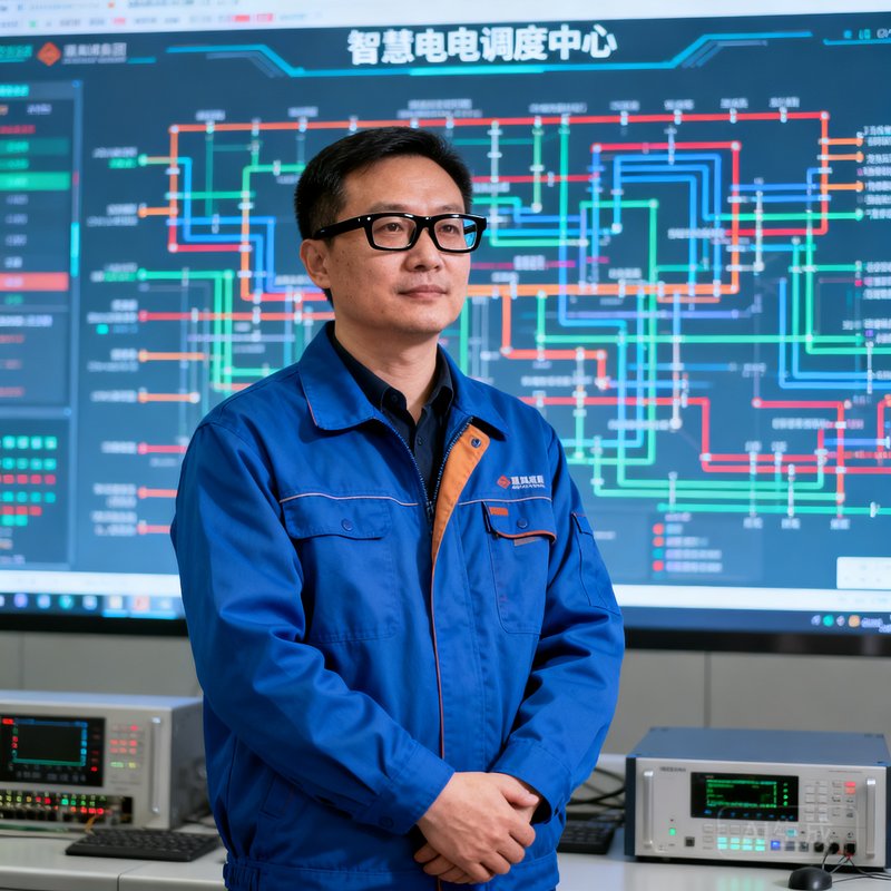 美高梅集团CTO张衡的工程师风格肖像，他戴着黑框眼镜穿着蓝色工装夹克，站在智慧电网调度中心的数据大屏前，双手交叉神情专注