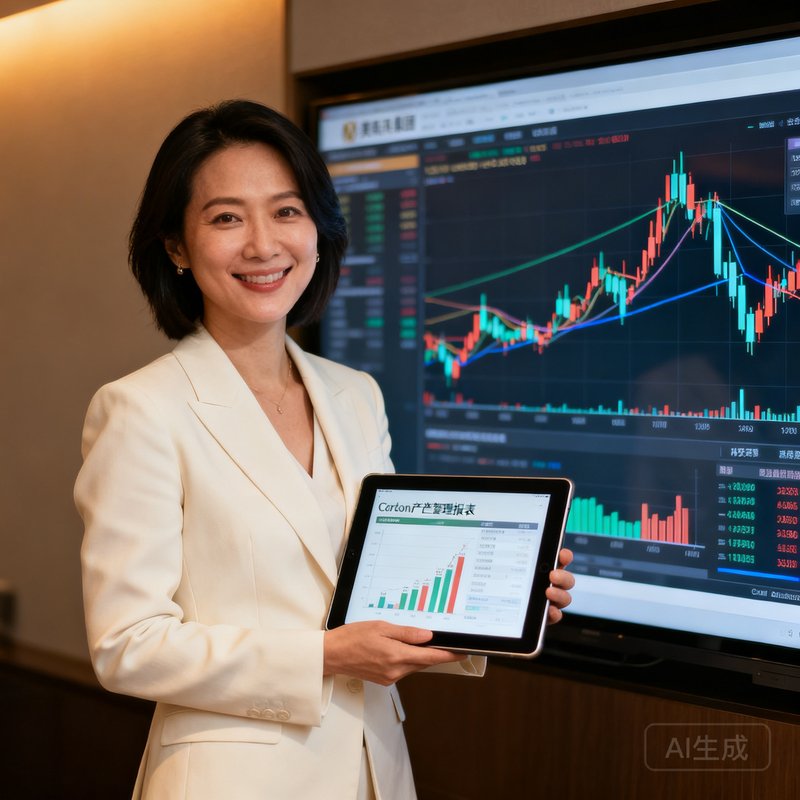 美高梅集团CFO林若溪的金融女性肖像，她穿着米白色西装站在碳交易数据屏幕前，手持平板电脑展示碳资产管理报表，微笑自信